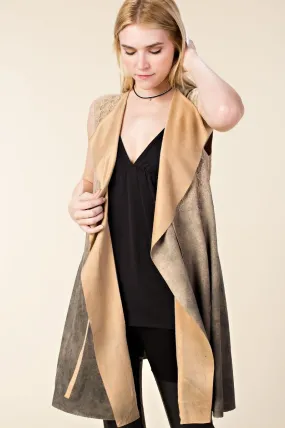 Open Front Faux Suede Vest with Lapel STONE #876