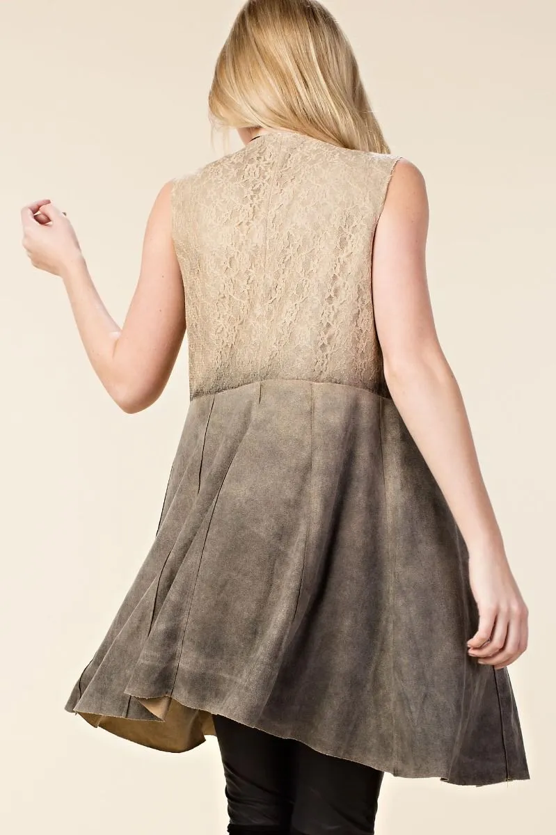 Open Front Faux Suede Vest with Lapel STONE #876