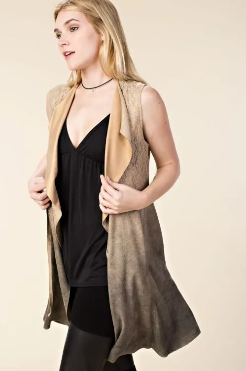 Open Front Faux Suede Vest with Lapel STONE #876
