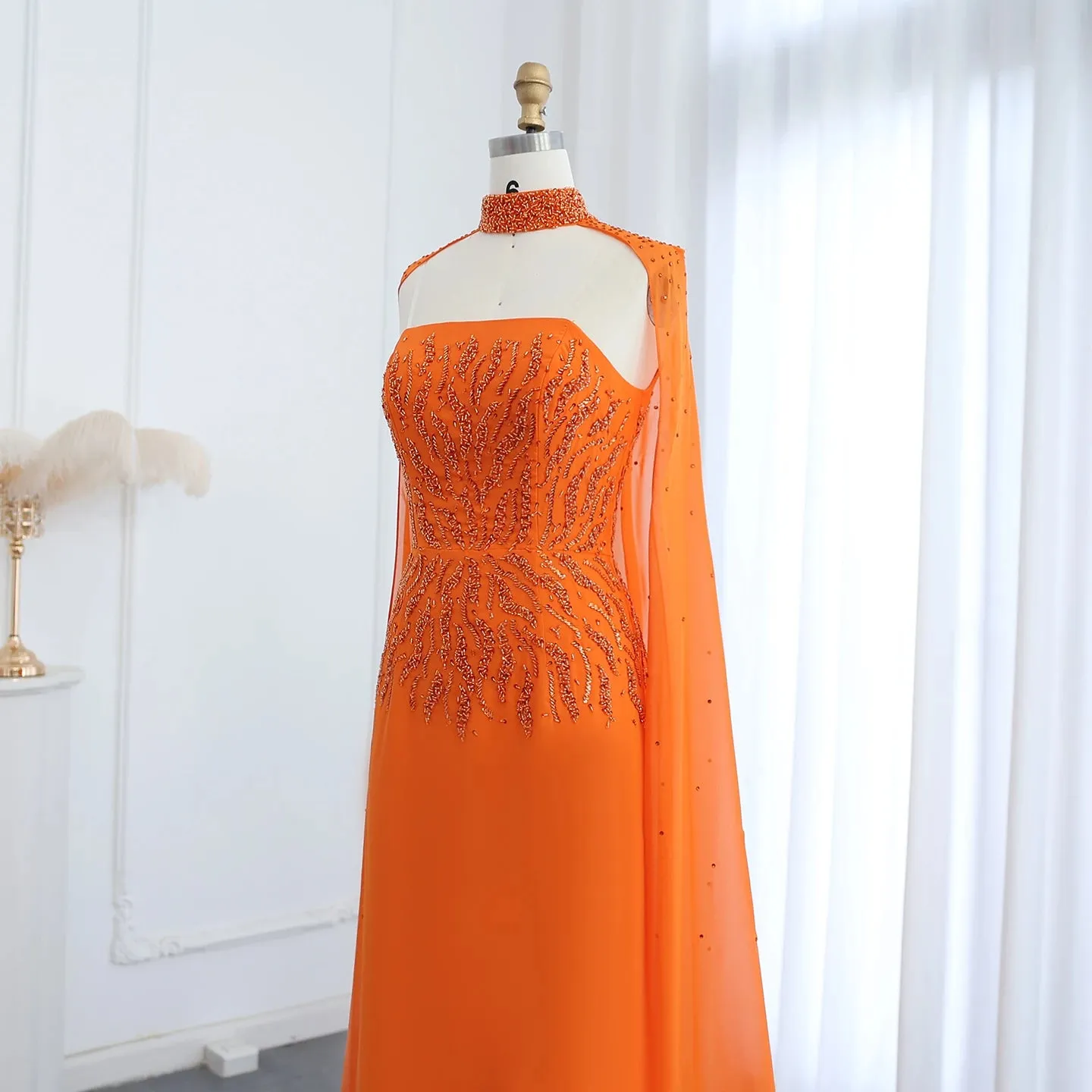 Orange Evening Dress with Cape Sleeves