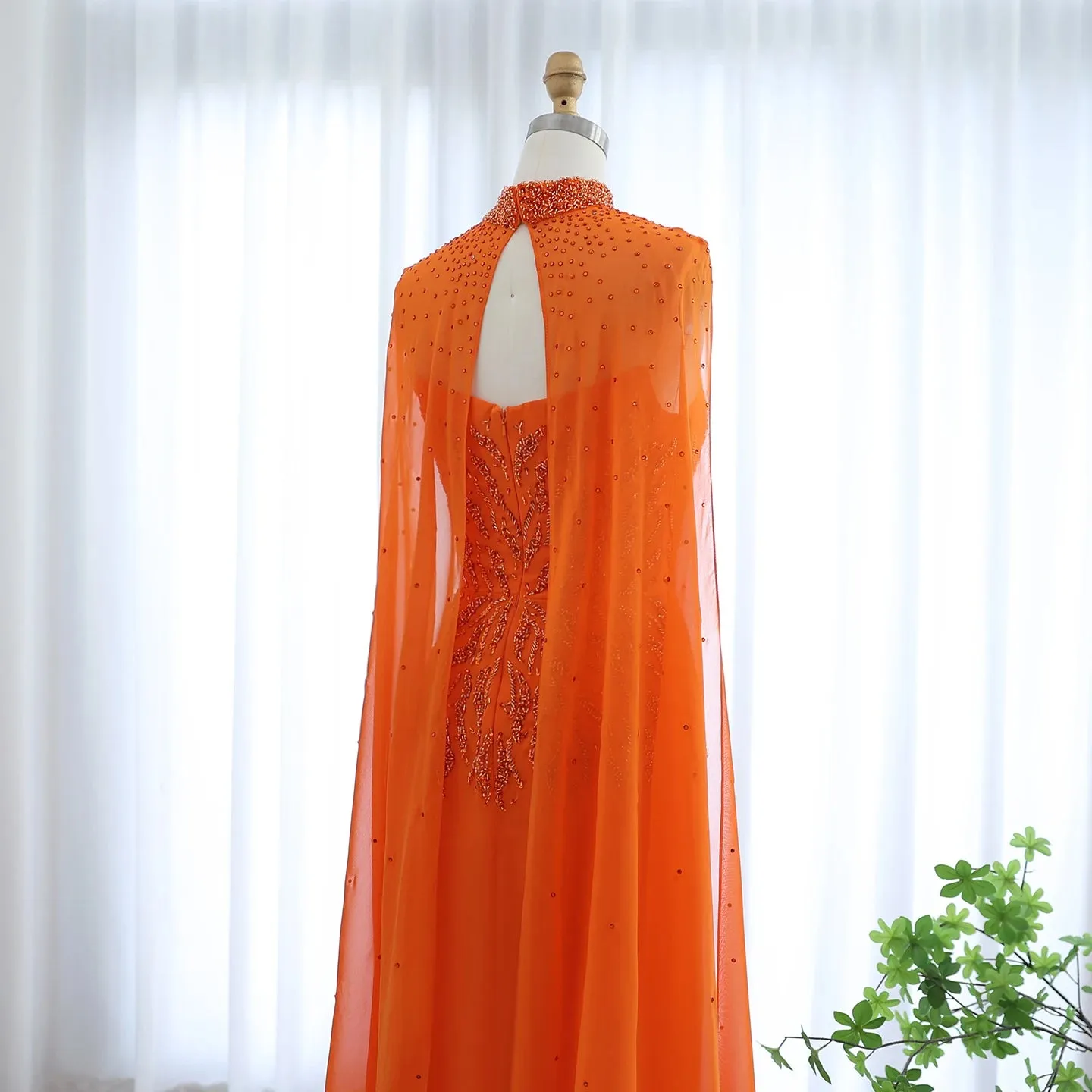 Orange Evening Dress with Cape Sleeves