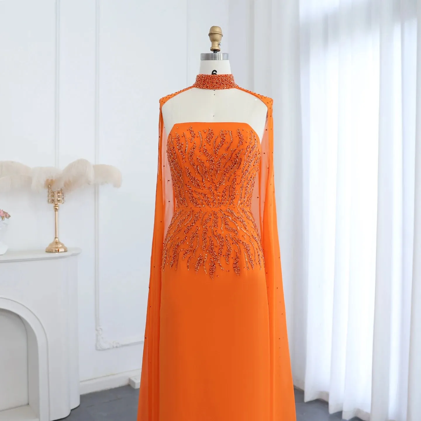 Orange Evening Dress with Cape Sleeves