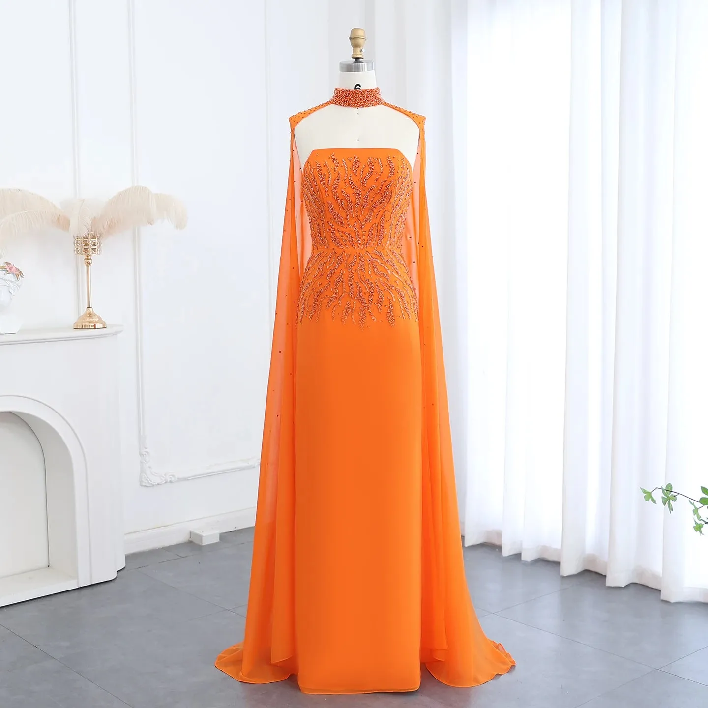 Orange Evening Dress with Cape Sleeves