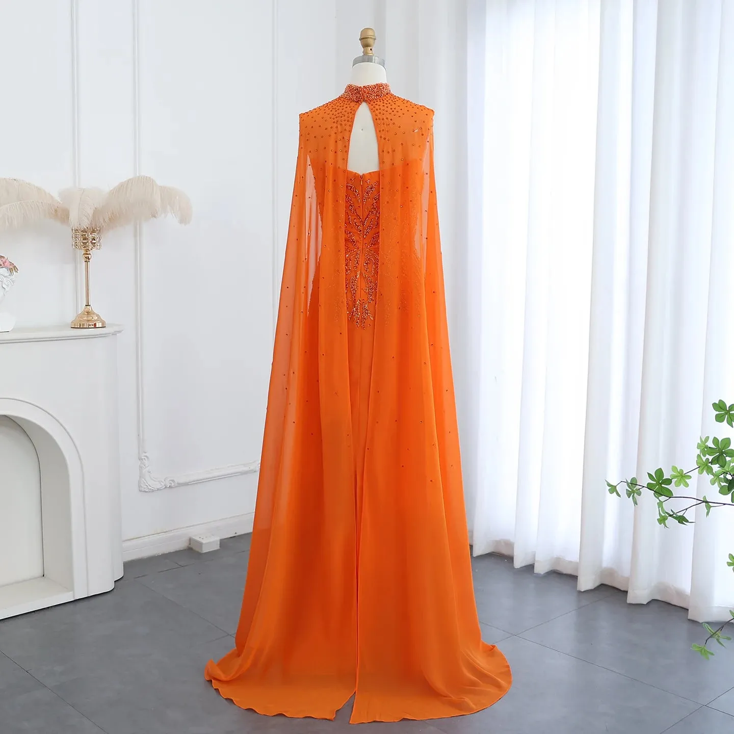 Orange Evening Dress with Cape Sleeves