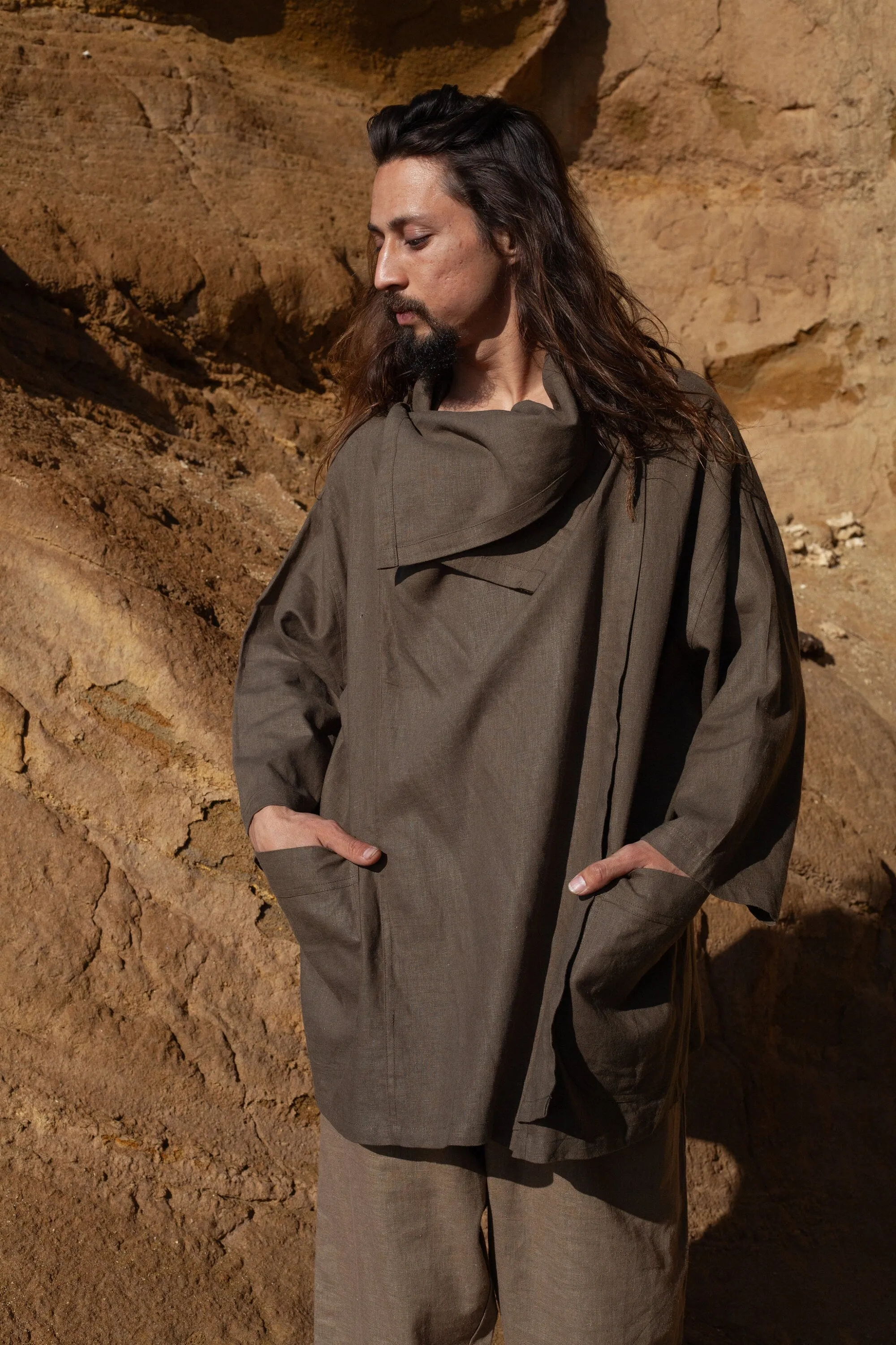 PAKEHA Sage Green Organic Hemp Top Shirt Collar Minimalist Herbal Dyed Pockets Festival Ceremony Ritual Sustainable Eco Friendly AJJAYA
