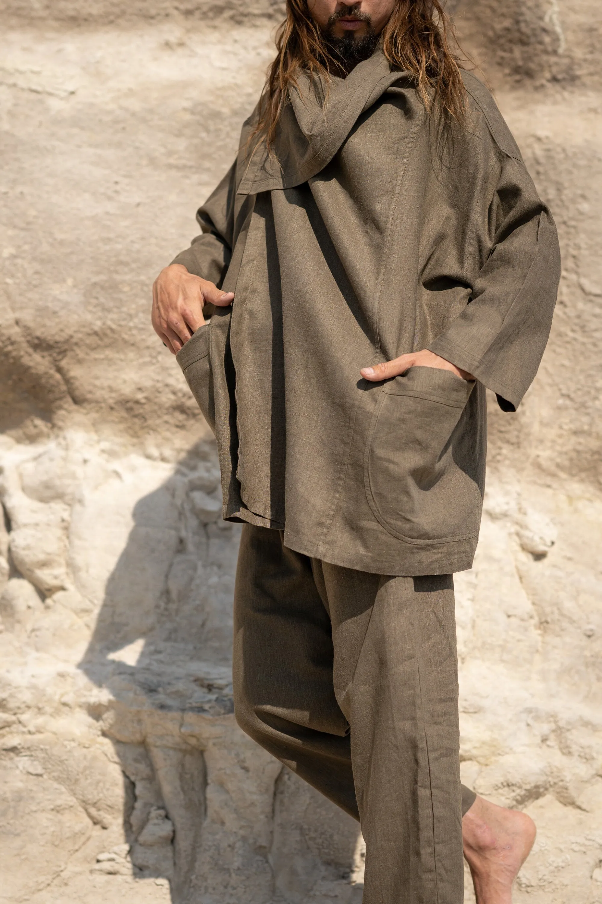 PAKEHA Sage Green Organic Hemp Top Shirt Collar Minimalist Herbal Dyed Pockets Festival Ceremony Ritual Sustainable Eco Friendly AJJAYA