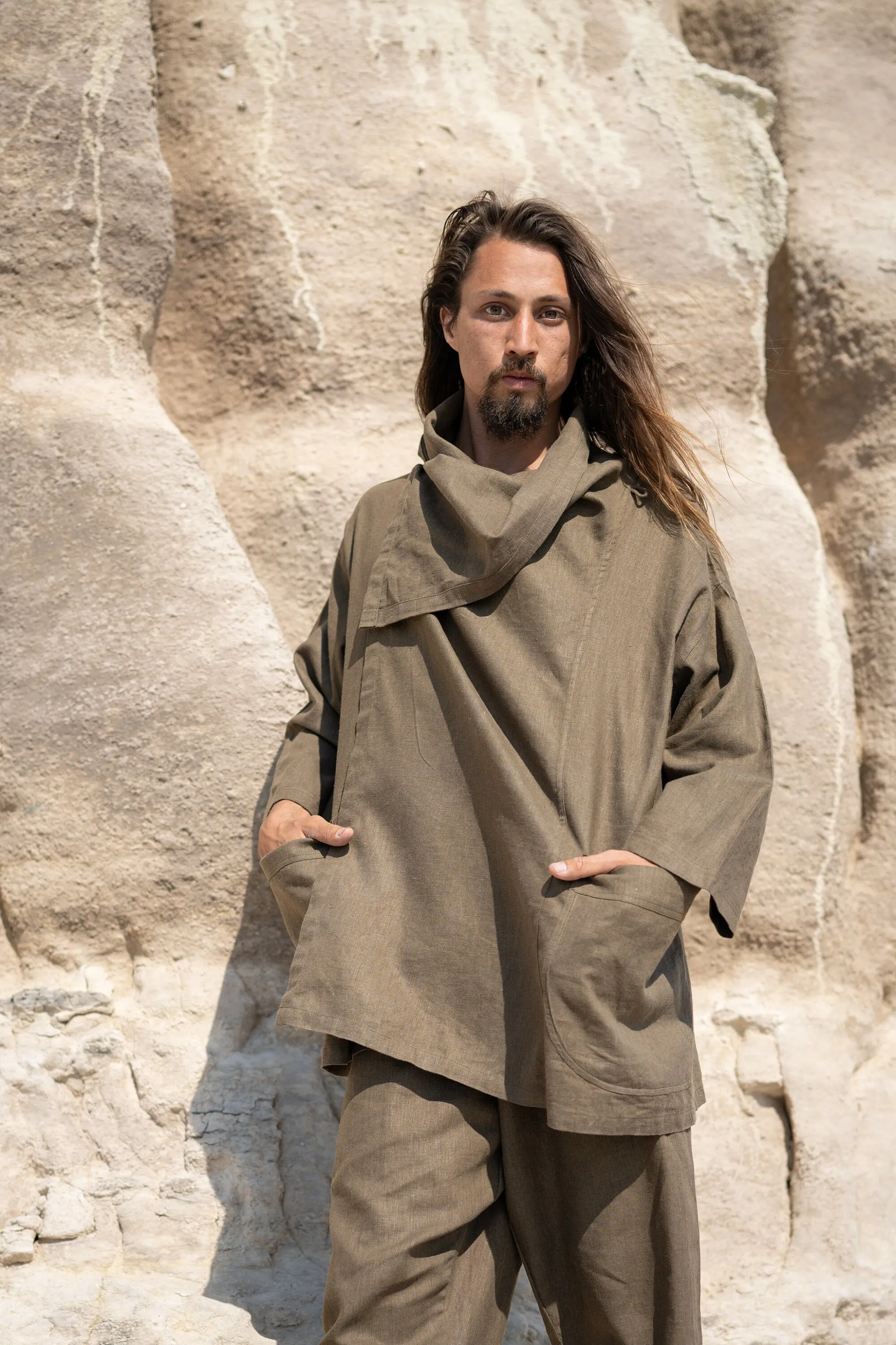 PAKEHA Sage Green Organic Hemp Top Shirt Collar Minimalist Herbal Dyed Pockets Festival Ceremony Ritual Sustainable Eco Friendly AJJAYA