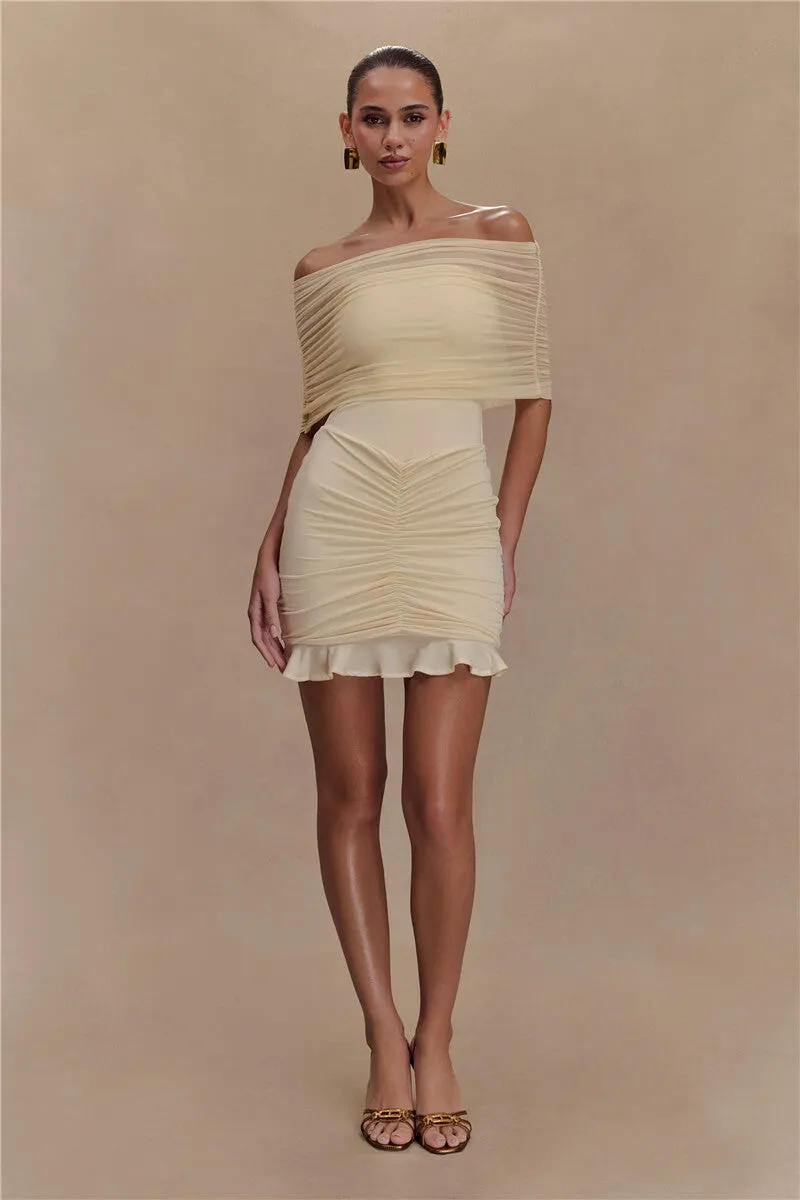 Pamela Mesh Strapless Off-shoulder Sexy Ruffled Mini Dress