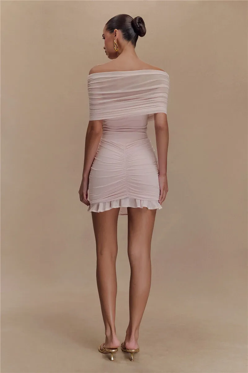 Pamela Mesh Strapless Off-shoulder Sexy Ruffled Mini Dress