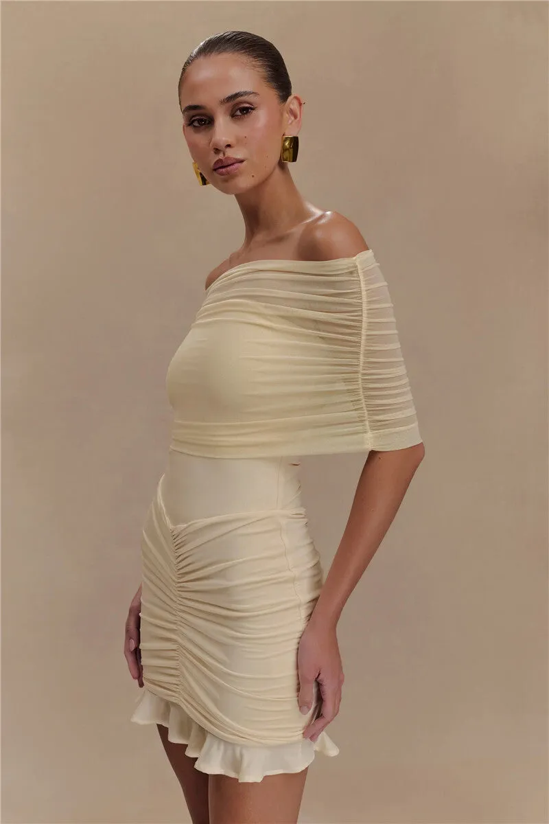 Pamela Mesh Strapless Off-shoulder Sexy Ruffled Mini Dress