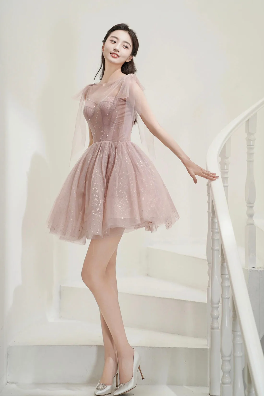 Pink Tulle Knee Length Prom Dress, Cute A-Line Party Dress