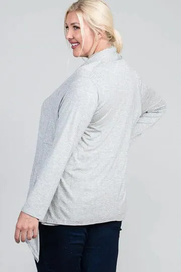 Plus Size Heather Grey Waist Seam Shark Bite Long Sleeve Open Solid Cardigan