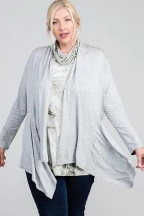 Plus Size Heather Grey Waist Seam Shark Bite Long Sleeve Open Solid Cardigan
