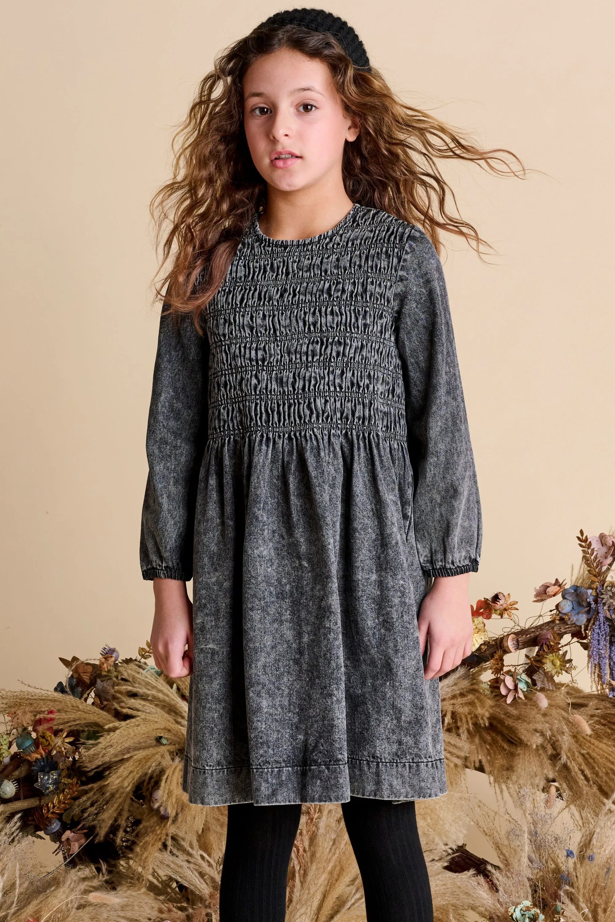 Porter Front Scrunch Grey Denim Dress