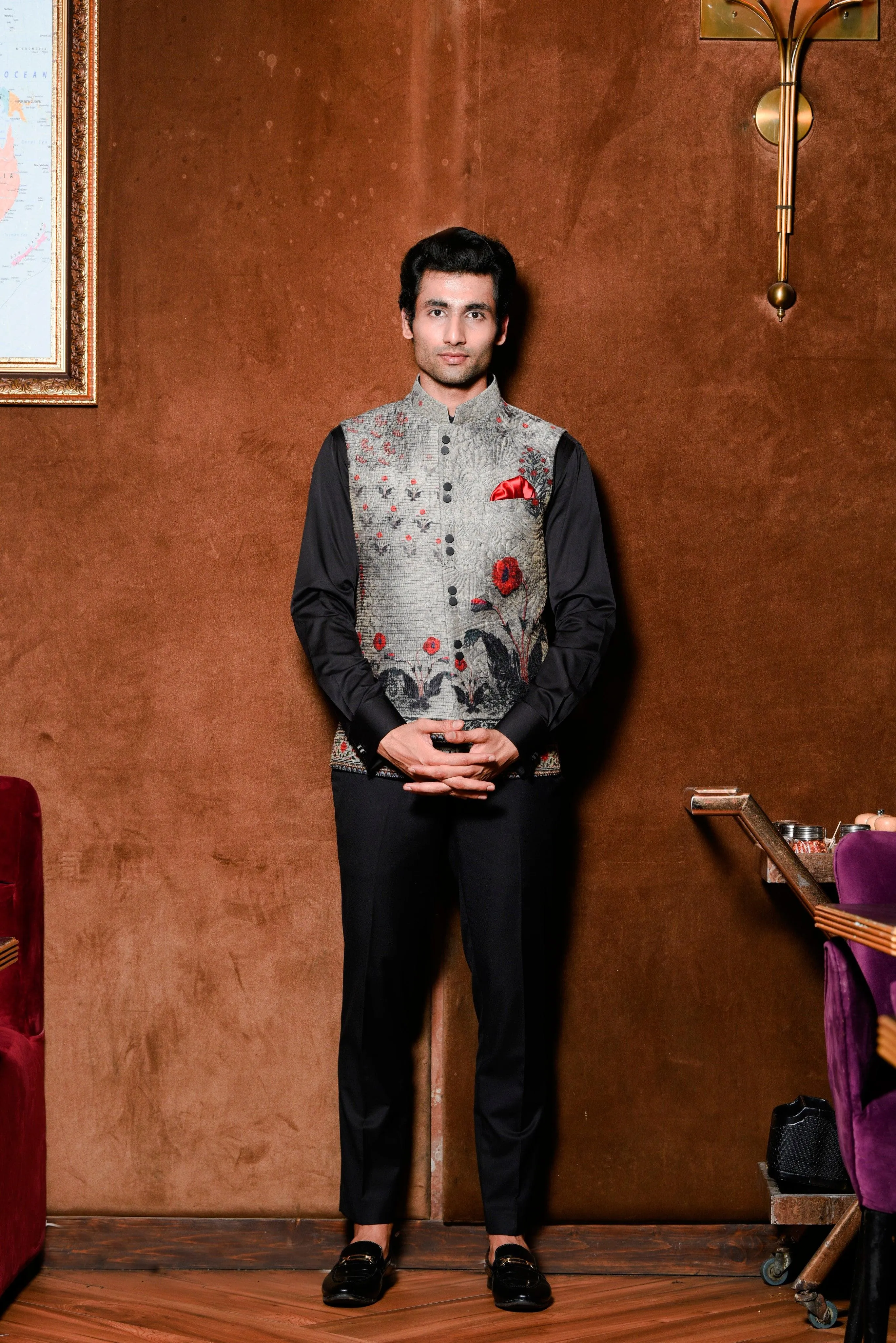 Printed Nehru waistcoat with quilting details