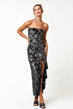 "Guest Of Honor" Black Maxi Tube Dress w/ Gold Floral Pattern
