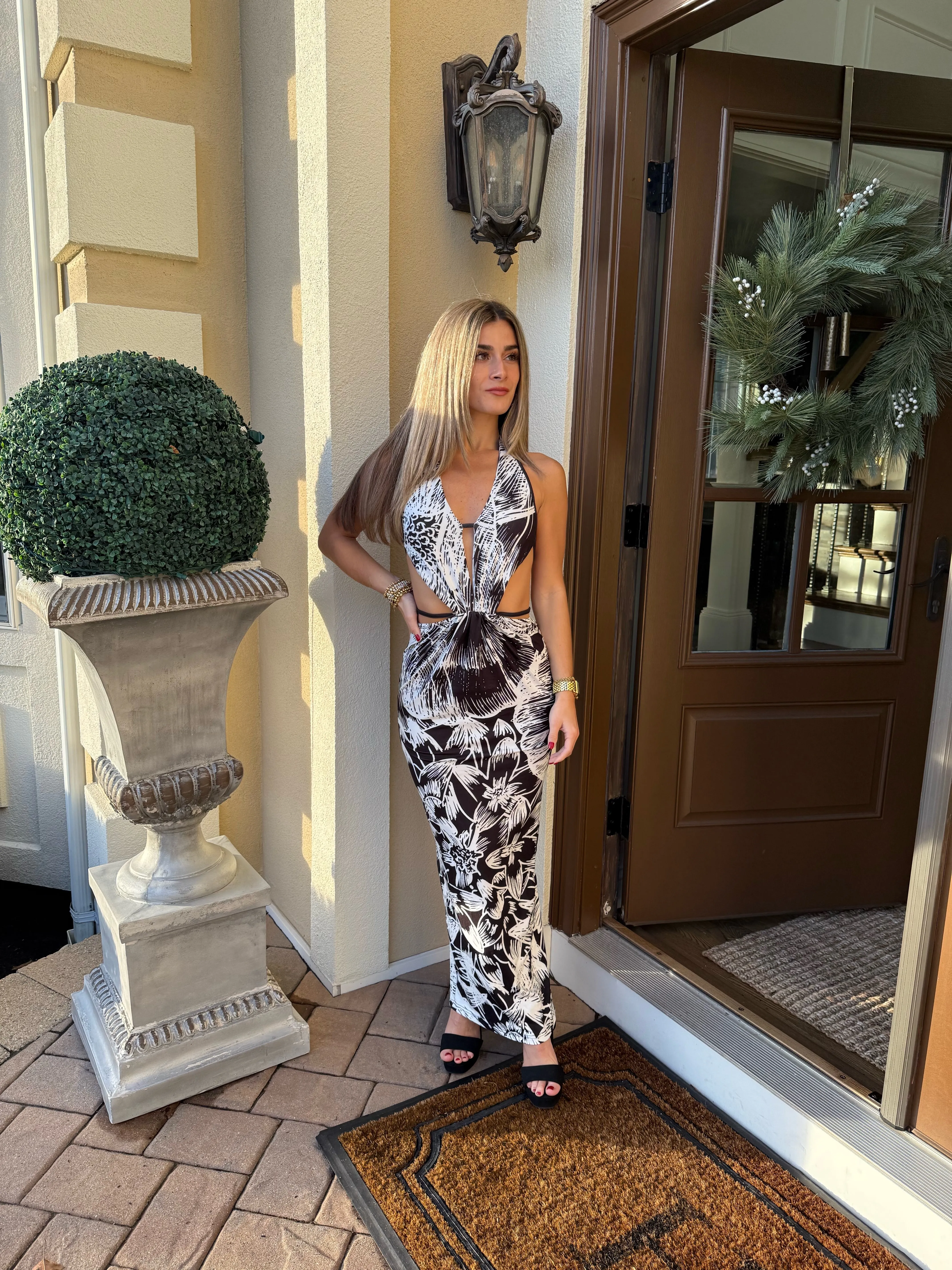 "Key West" Black & White Halter Maxi Dress w/ Open Back Detail
