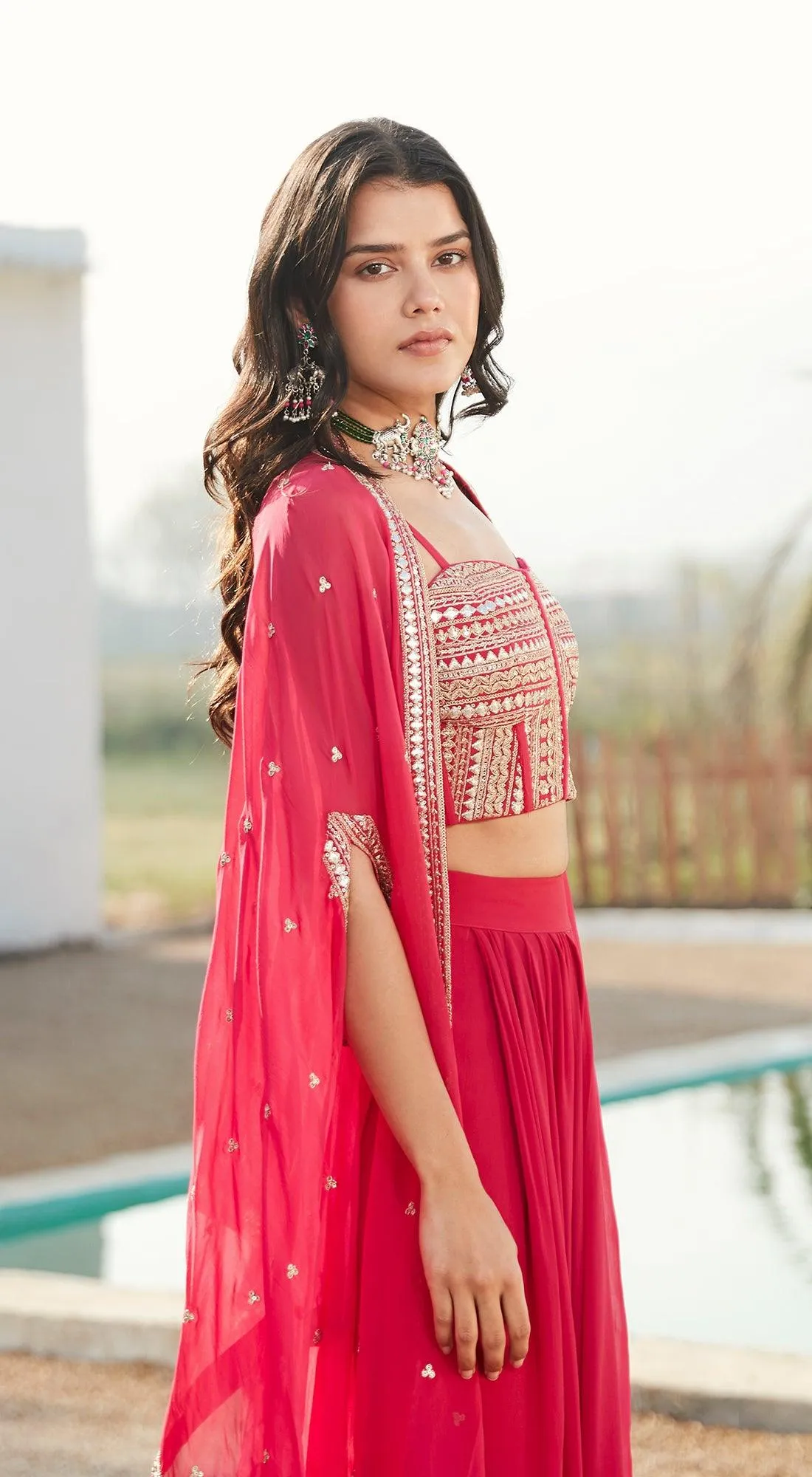 Rani Pink Skirt Set With Cape
