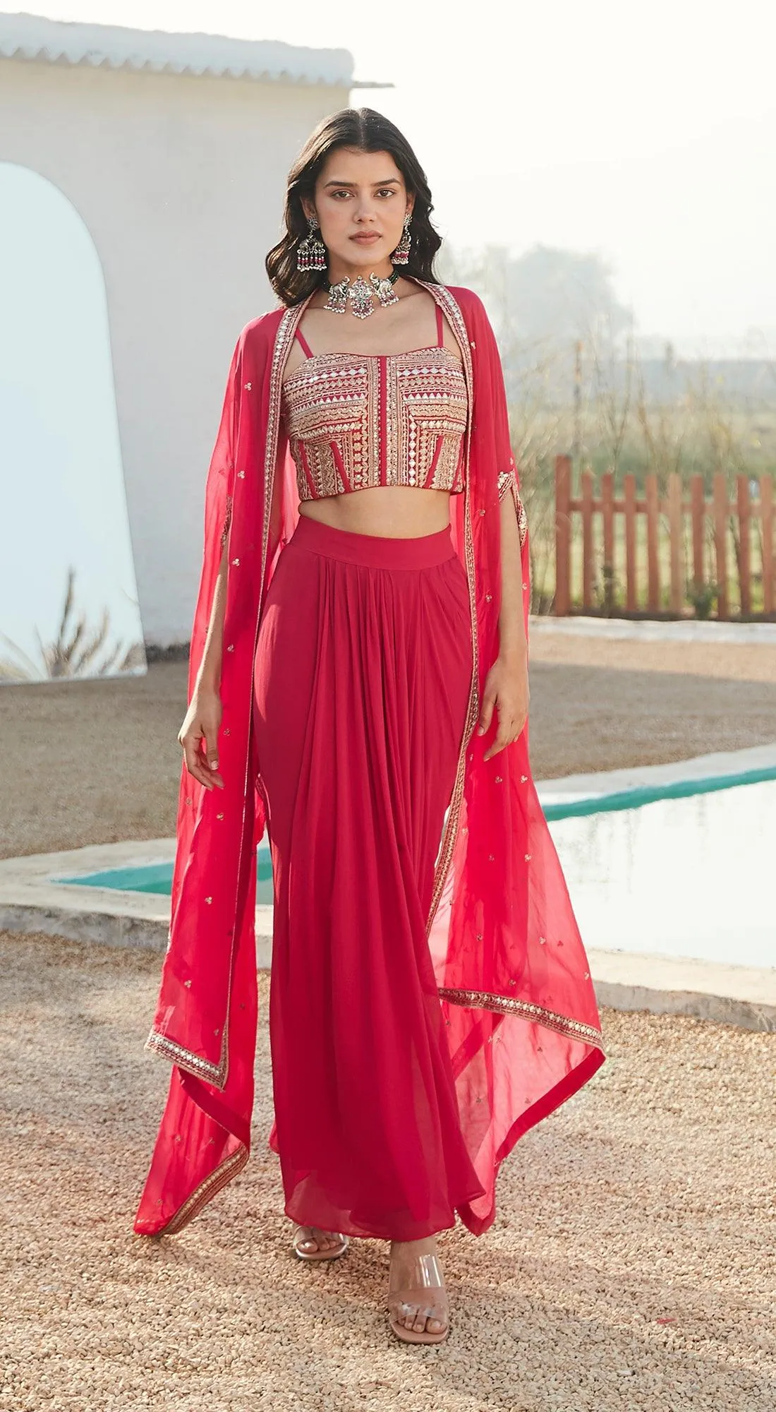 Rani Pink Skirt Set With Cape