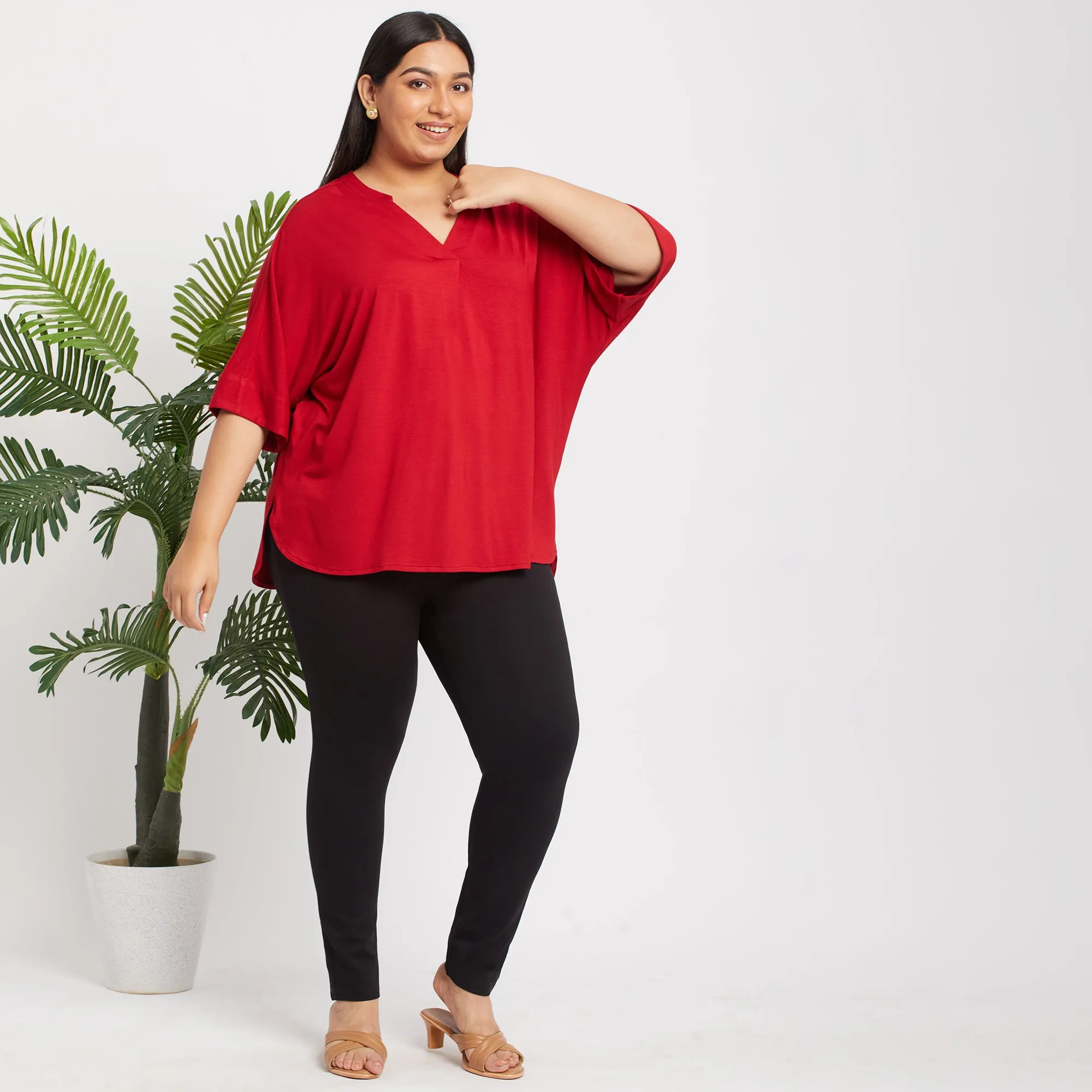 Red Chinese Collar Plus Size Viscose Jersey Top