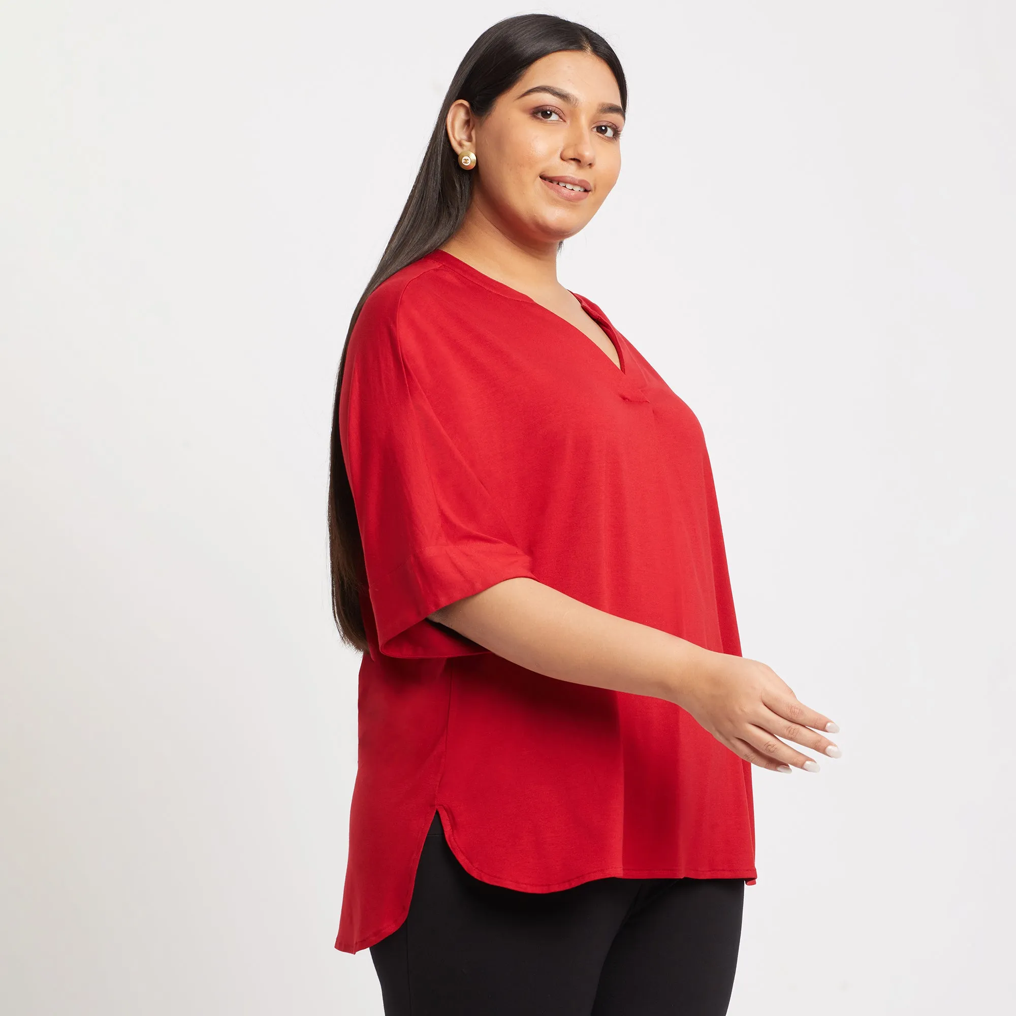 Red Chinese Collar Plus Size Viscose Jersey Top