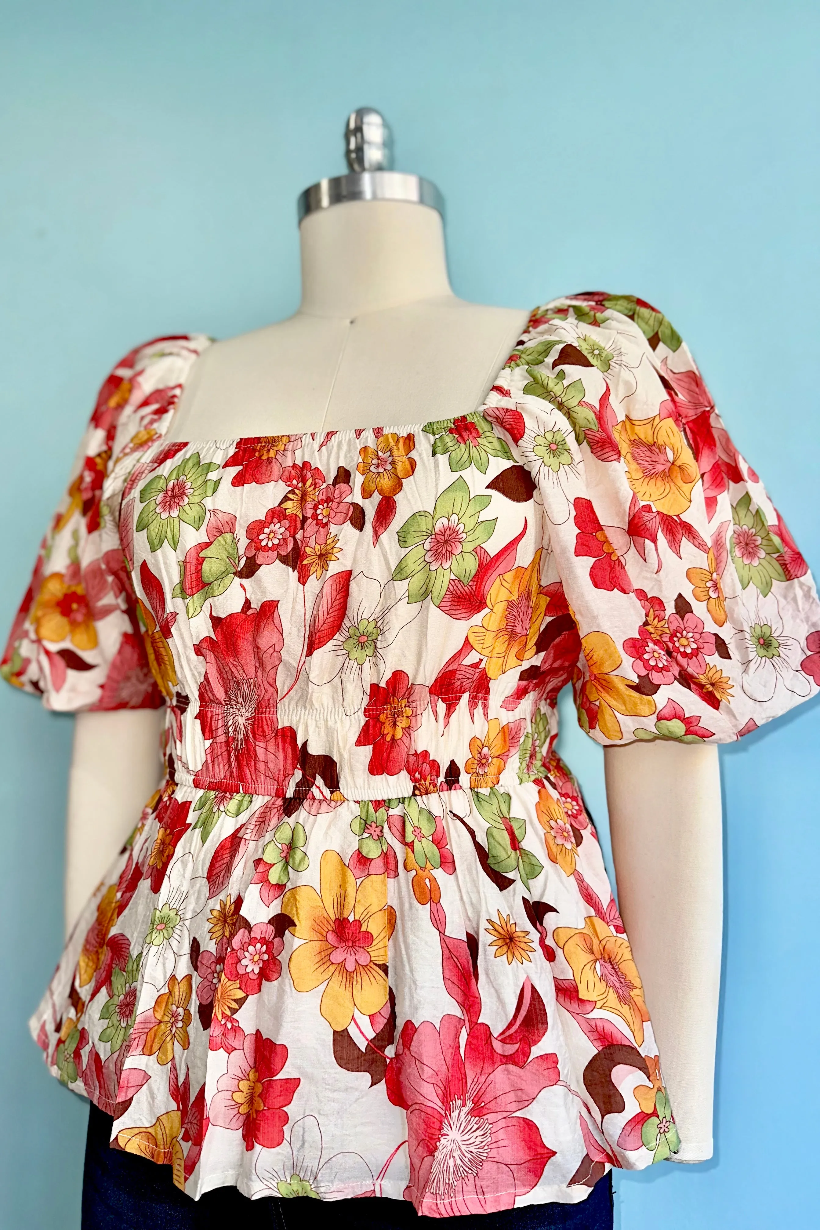Red Floral Bubble Sleeve Top