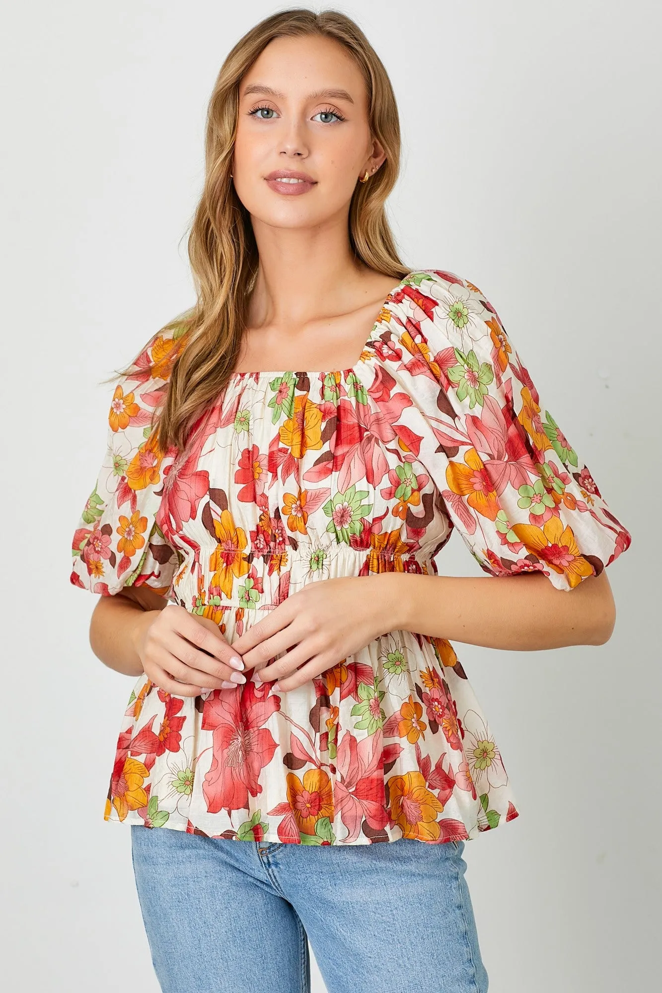 Red Floral Bubble Sleeve Top