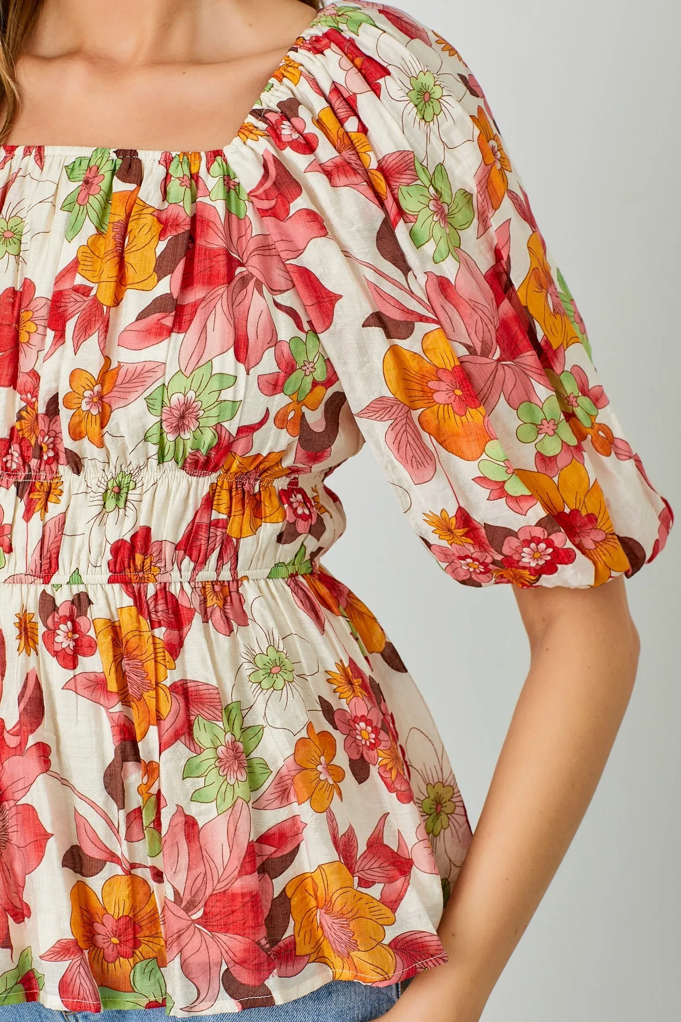 Red Floral Bubble Sleeve Top