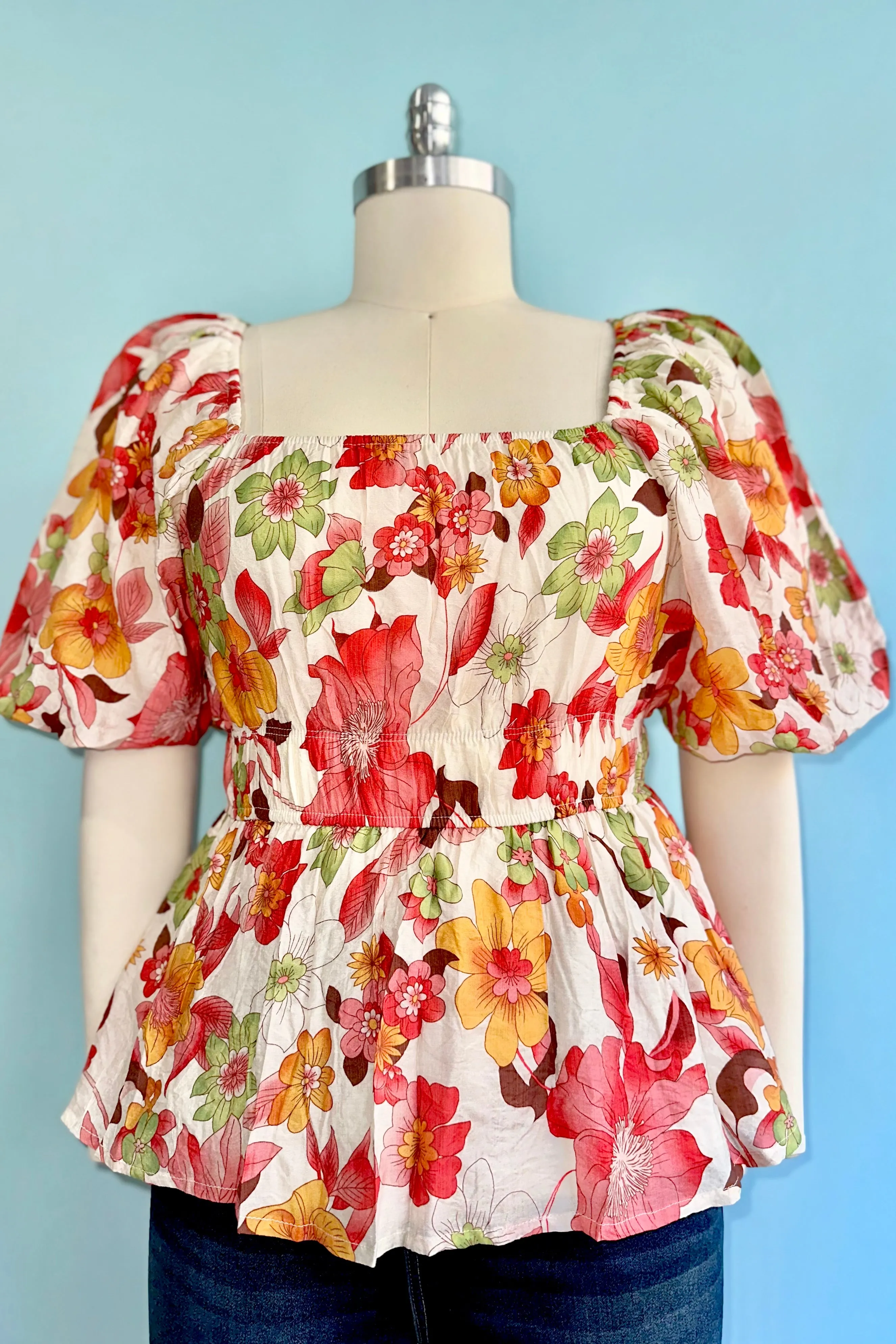 Red Floral Bubble Sleeve Top