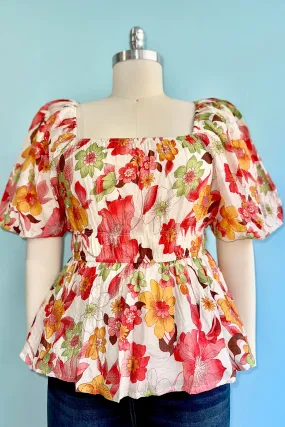 Red Floral Bubble Sleeve Top