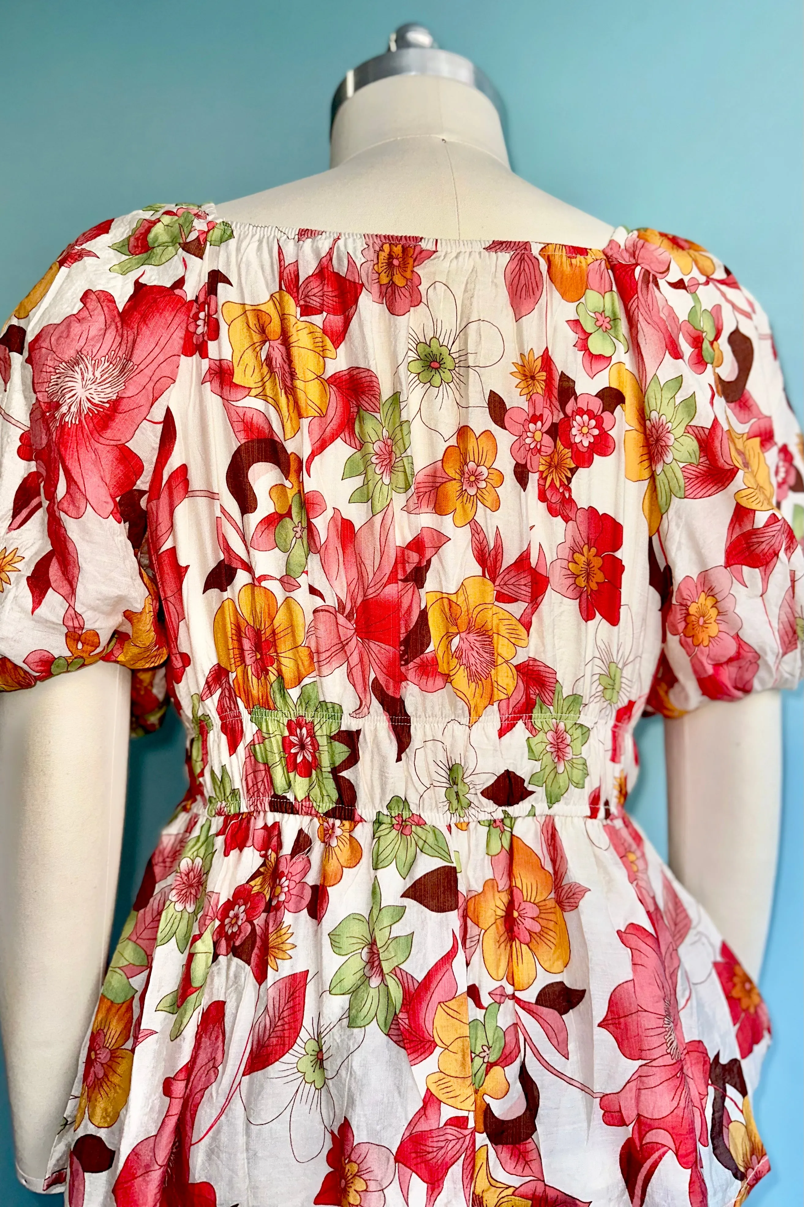 Red Floral Bubble Sleeve Top