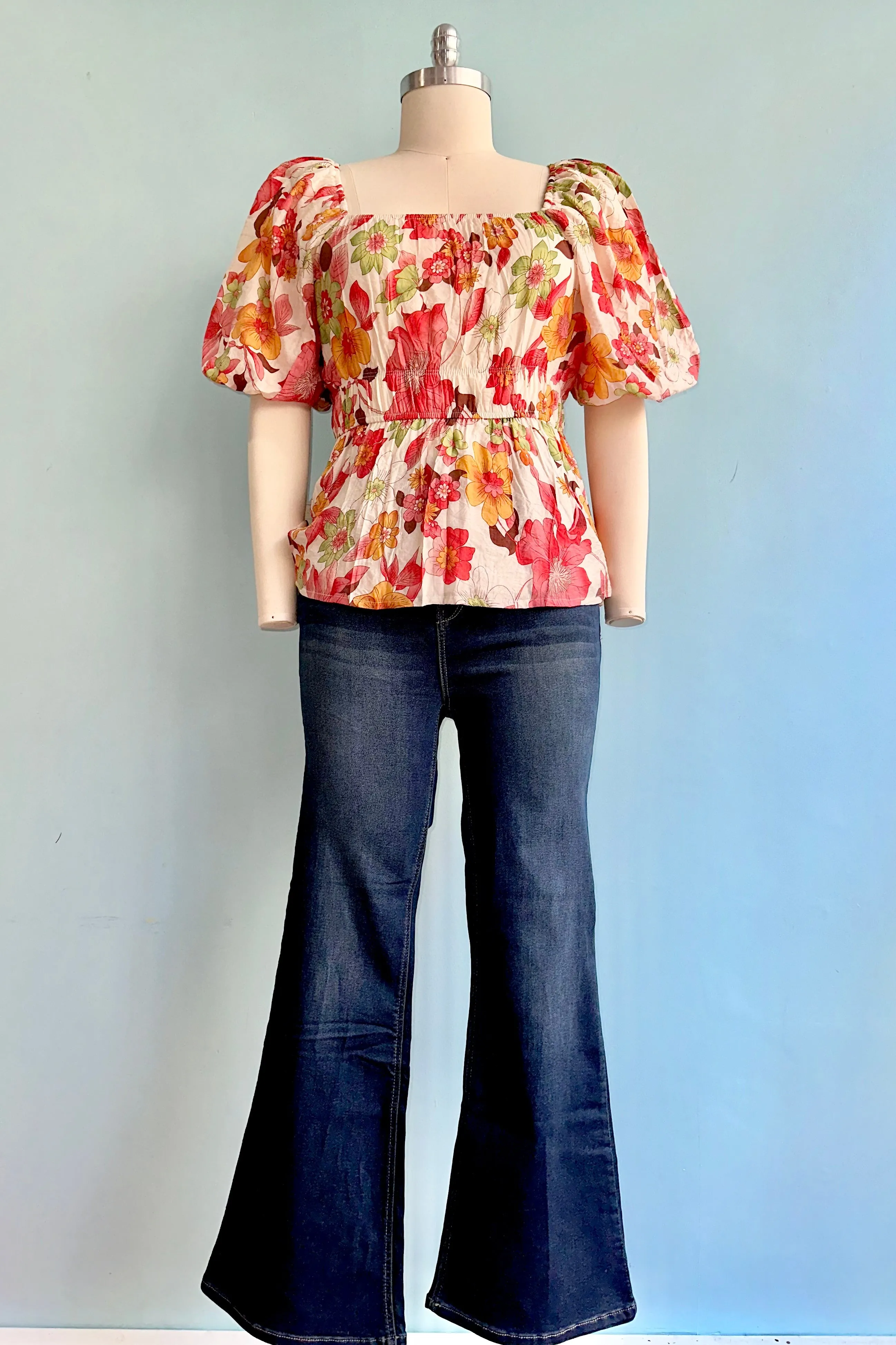 Red Floral Bubble Sleeve Top