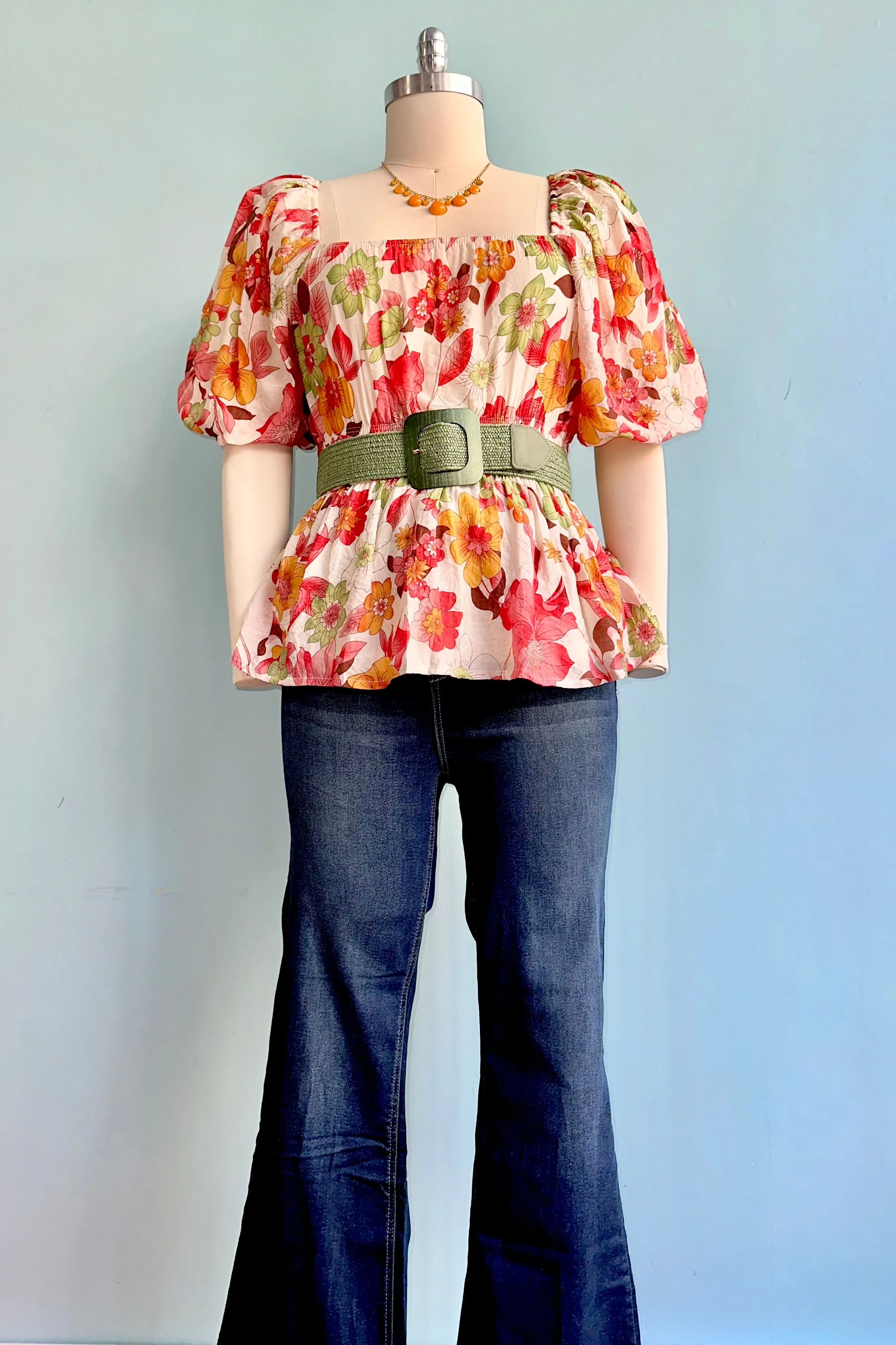 Red Floral Bubble Sleeve Top