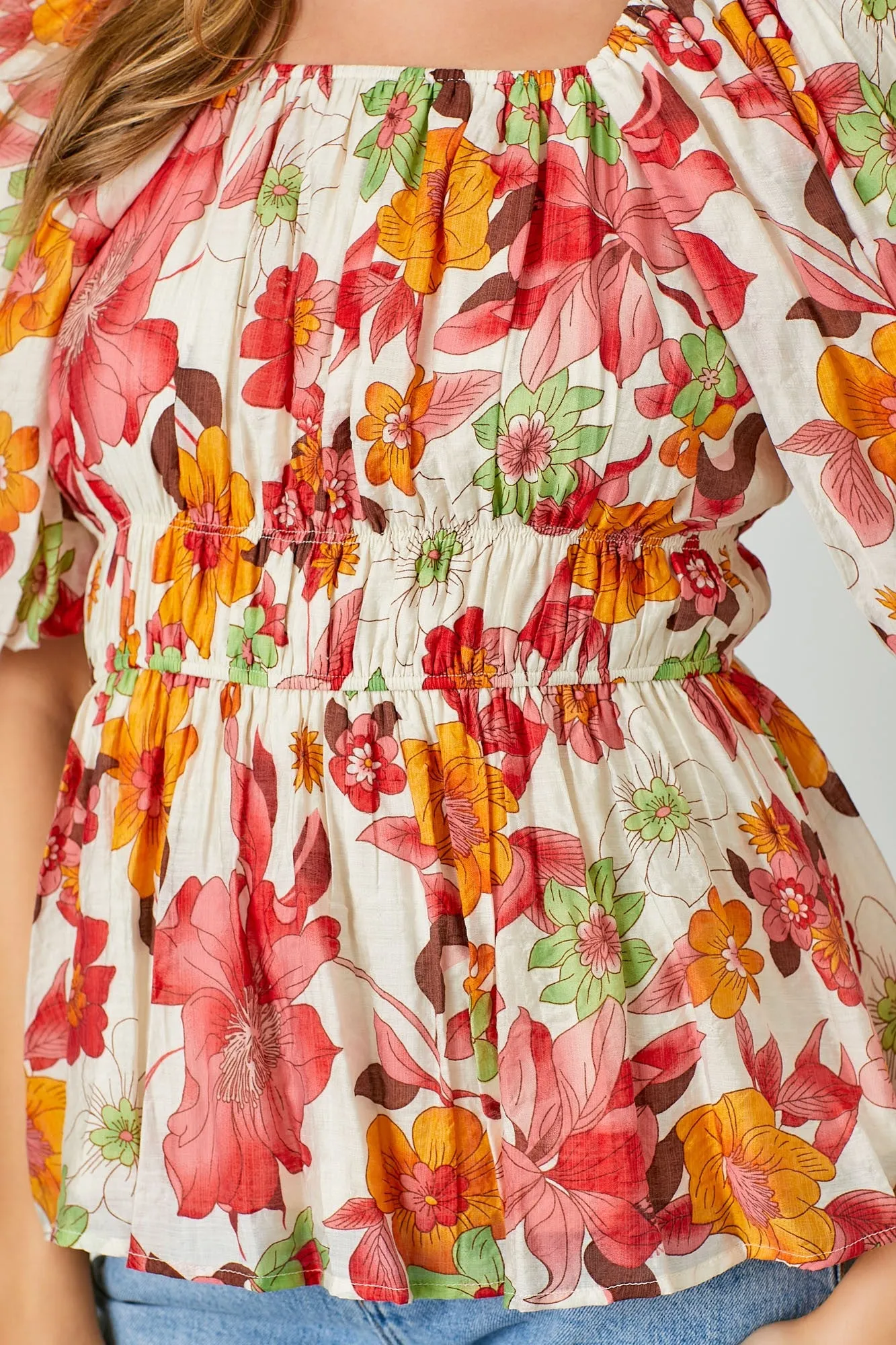 Red Floral Bubble Sleeve Top