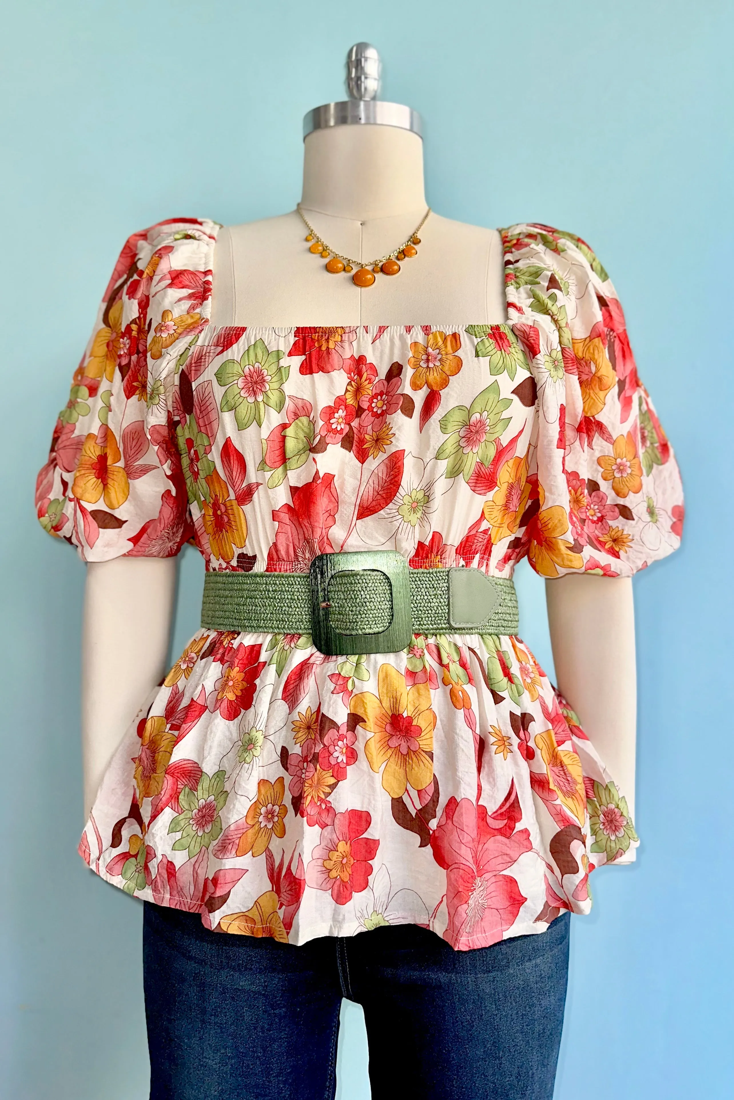Red Floral Bubble Sleeve Top