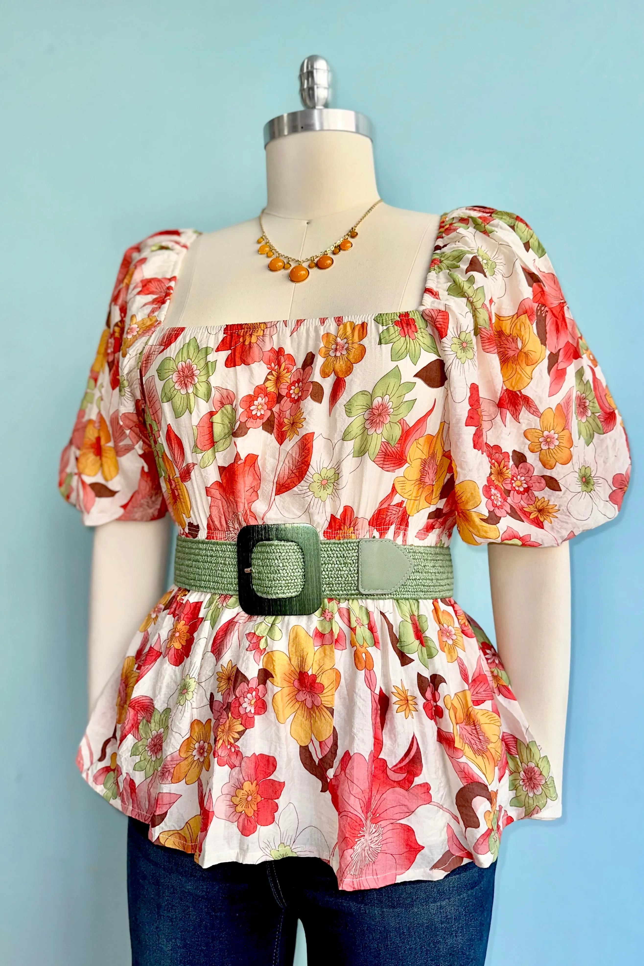 Red Floral Bubble Sleeve Top