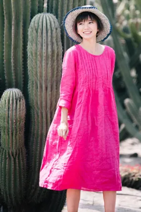 Retro linen dress with round neck and short sleeves CYM464