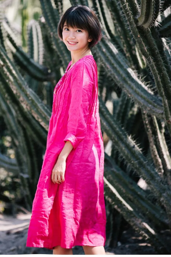 Retro linen dress with round neck and short sleeves CYM464