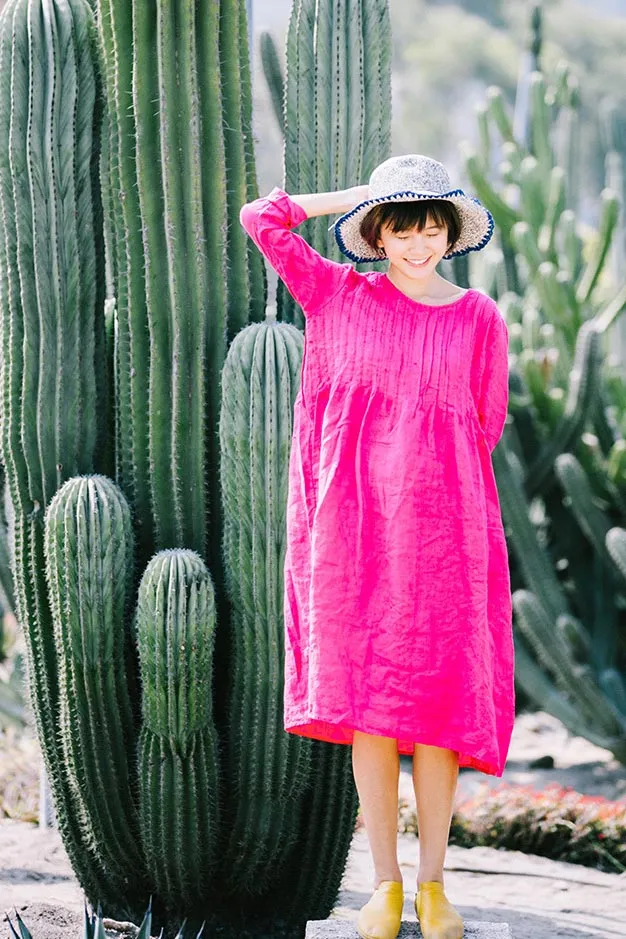 Retro linen dress with round neck and short sleeves CYM464