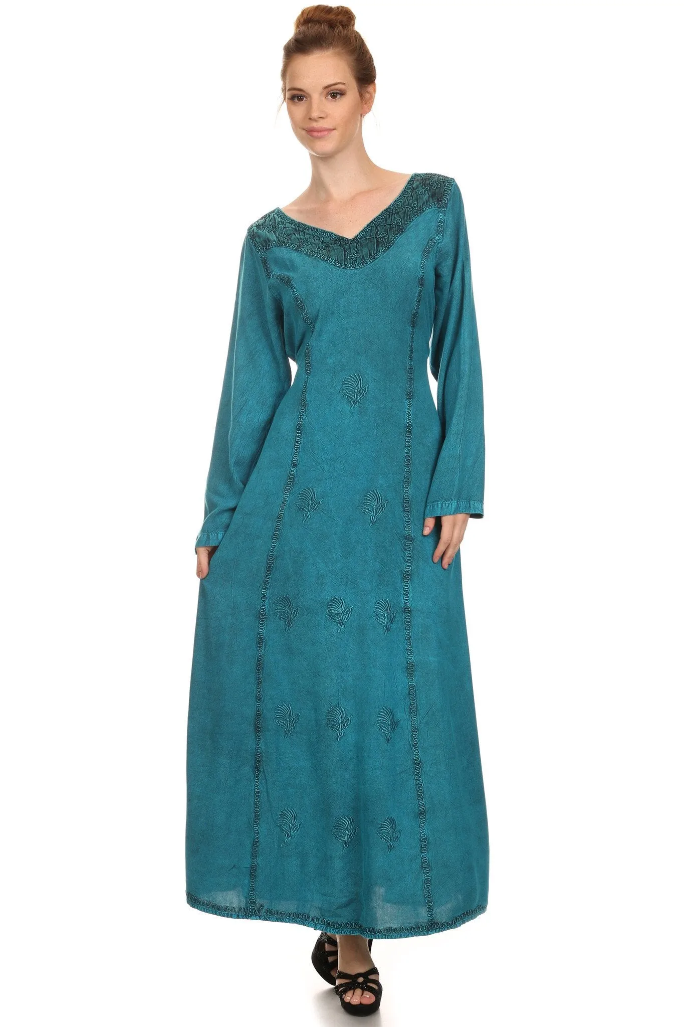 Sakkas Lilybell Embroidered Bell Long Sleeve V-Neck Adjustable Caftan Dress