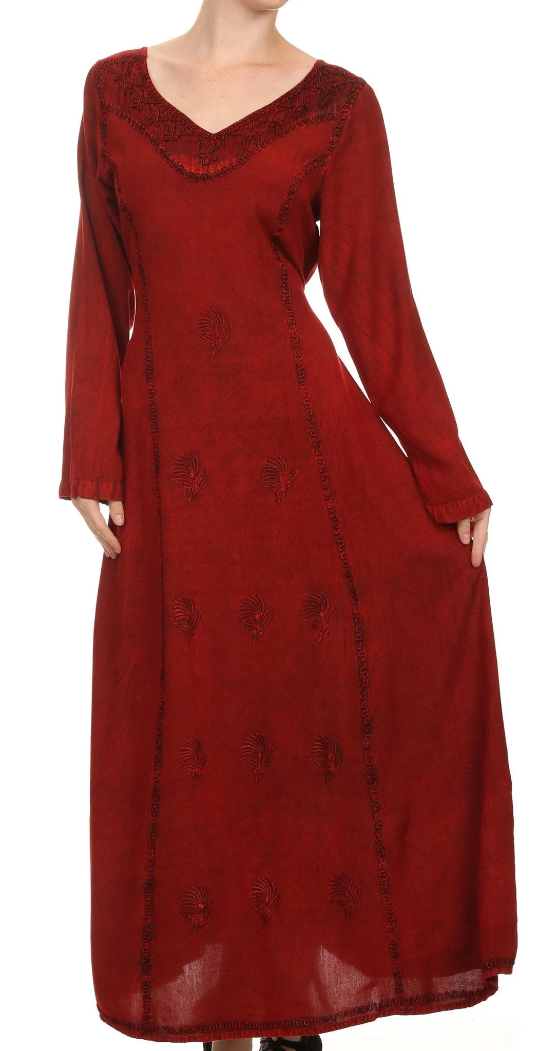 Sakkas Lilybell Embroidered Bell Long Sleeve V-Neck Adjustable Caftan Dress
