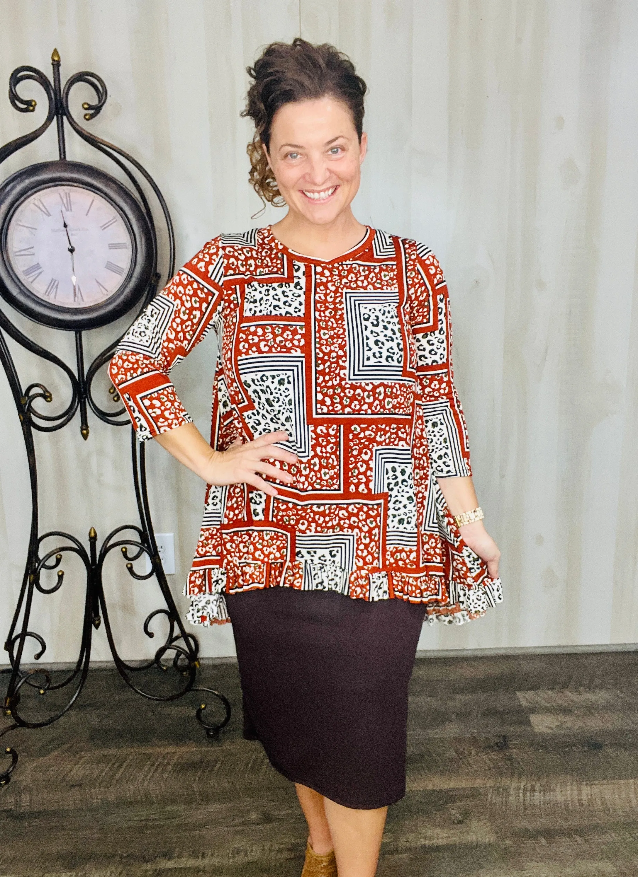 Samantha Ruffle High Low Tunic- Rust Patchwork