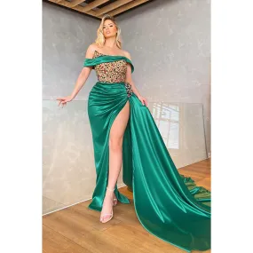Sexy Off-Shoulder Cap Sleeves Ruched High Side Slit Formal Prom Dress