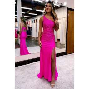 Sheath One Shoulder Beads Side Slit Pink Long Prom Dress