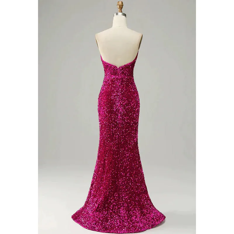 Sheath/Column V-Neck Sequined Split Sleeveless Prom Evening Formal Dress
