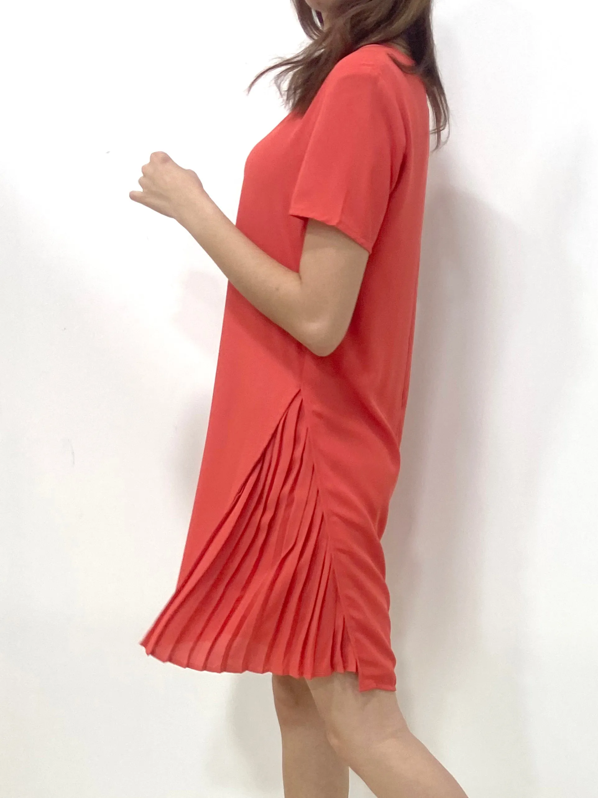 Side Pleated SS Dress - Coral (Non-returnable)
