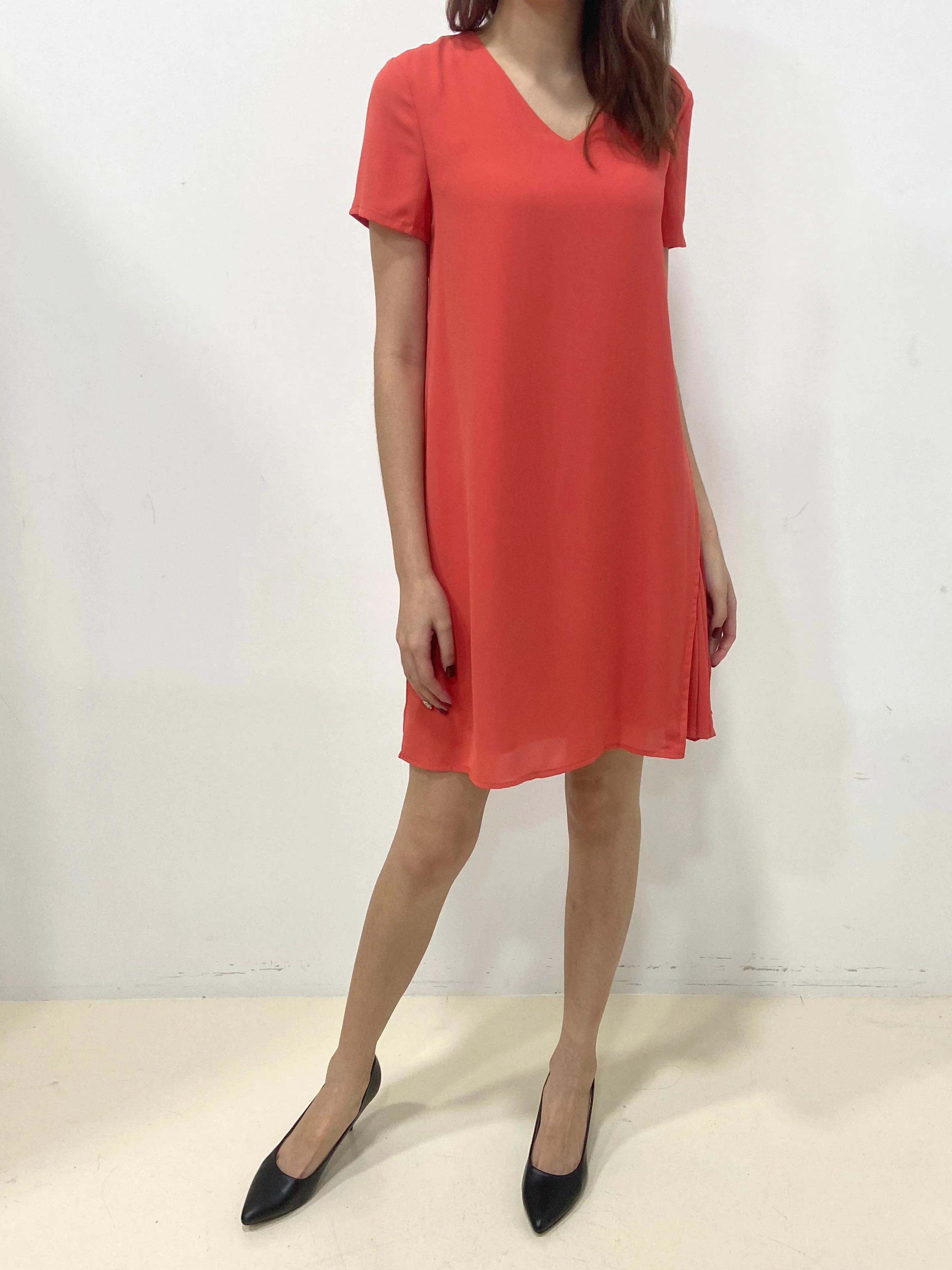Side Pleated SS Dress - Coral (Non-returnable)