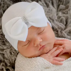 Silver Jewel White Bow Newborn Hospital Hat