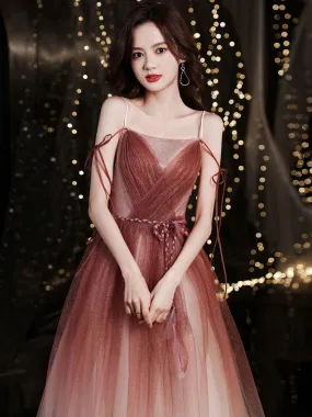 Simple Burgundy Tulle Long Prom Dress, Burgundy Formal Graduation Dress