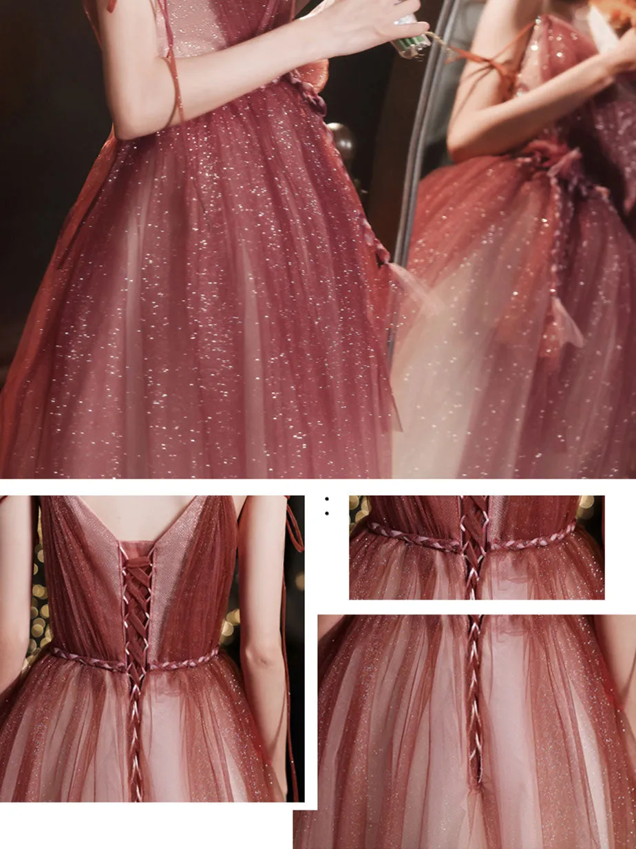 Simple Burgundy Tulle Long Prom Dress, Burgundy Formal Graduation Dress